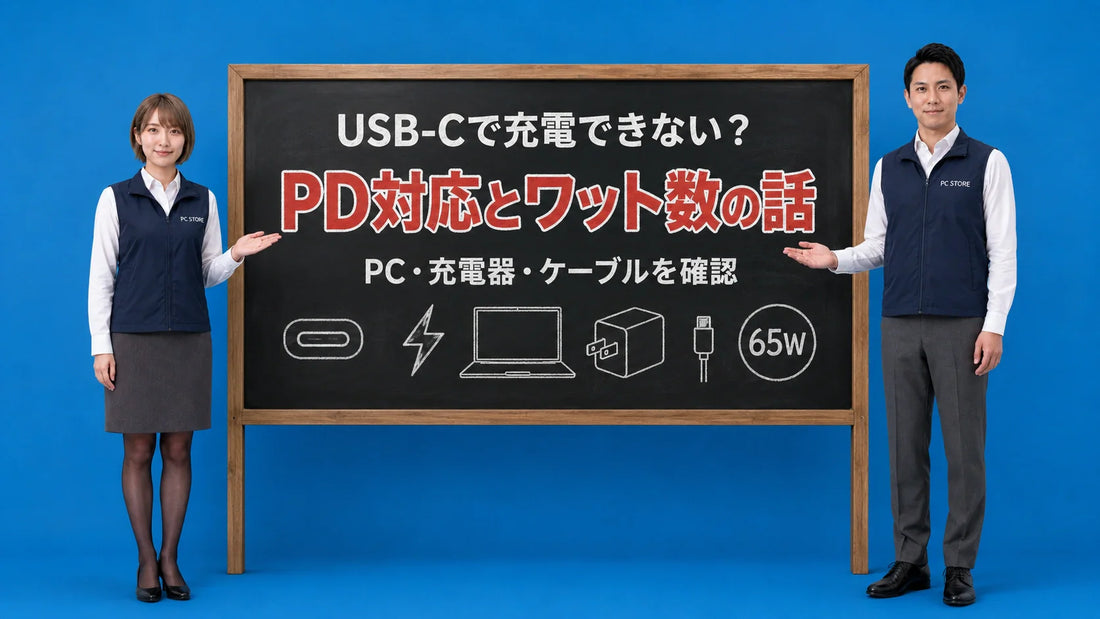 ノートPCがUSB-Cで充電できない原因とPD対応やワット数の確認方法を七海と大介が案内している様子