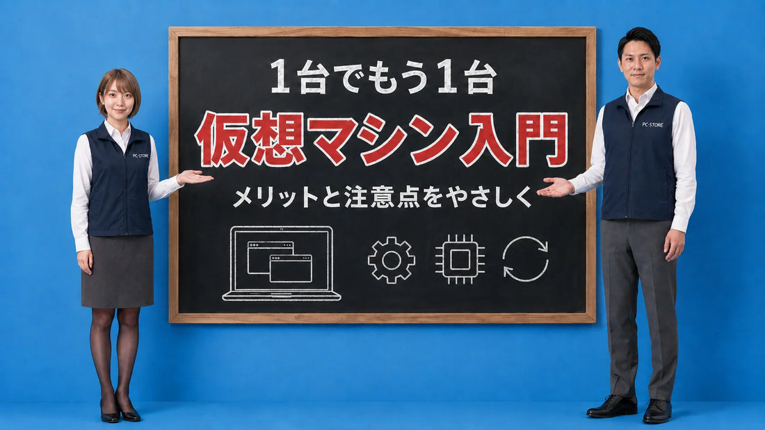 ノートパソコンで仮想マシンを使うメリットとデメリットを七海と大介が案内している様子
