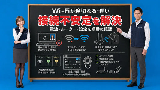ノートパソコンのWi-Fi接続が不安定な原因と確認手順を七海と大介が案内しているPC STOREブログ用アイキャッチ画像