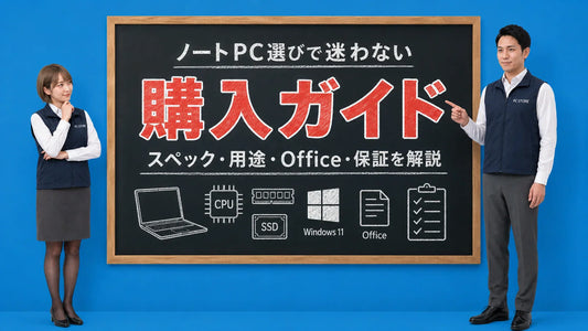 最新ノートパソコンの購入ポイントを案内する井上七海と坂本大介のアイキャッチ画像
