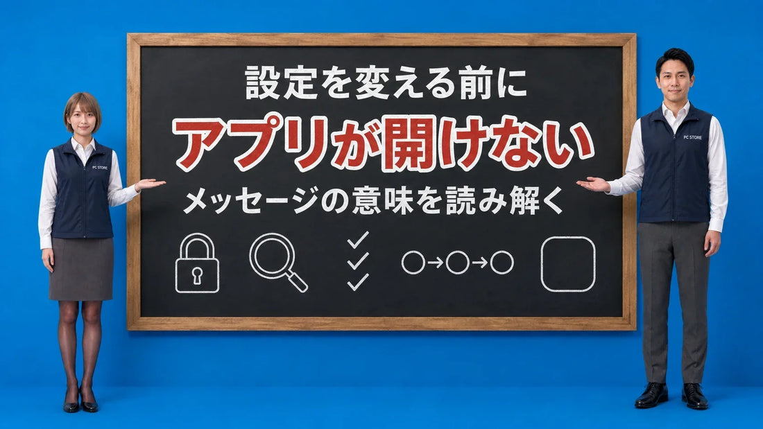 Macでダウンロードしたアプリが開けない時の確認手順を七海と大介が黒板で案内するアイキャッチ画像