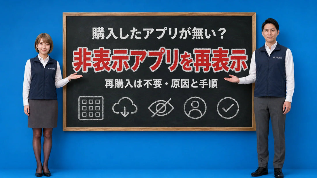 Mac App Storeで非表示アプリを再表示し再ダウンロードする方法を七海と大介が案内している様子