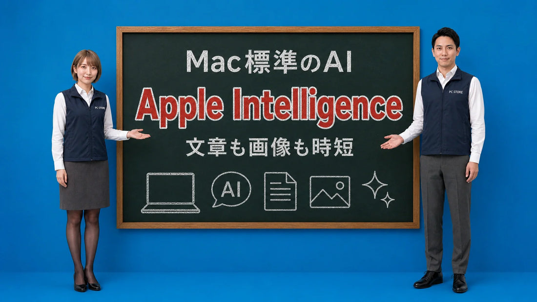MacのApple Intelligenceで文章作成や画像生成をする実用例を七海と大介が案内している様子