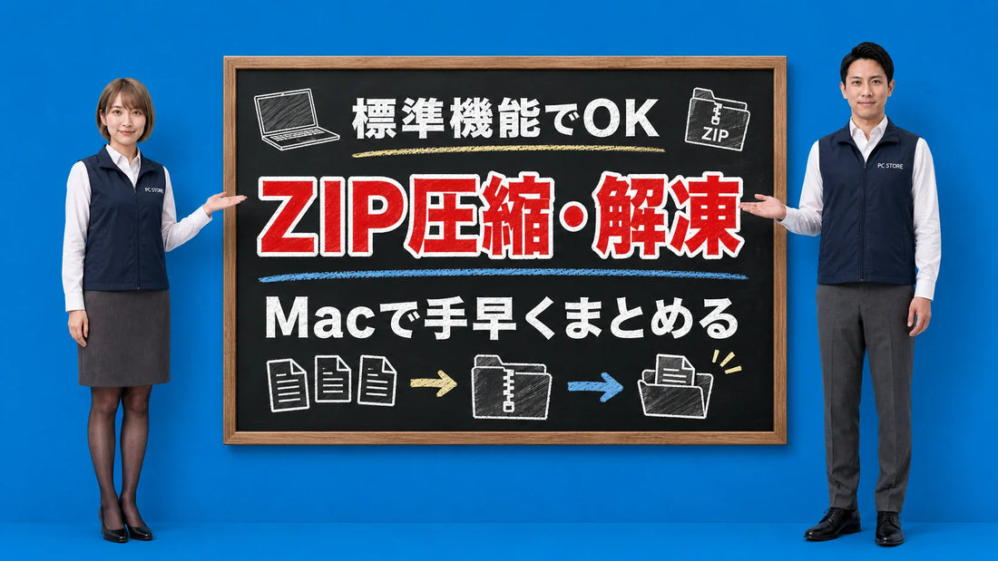 Macのアーカイブユーティリティでファイルを圧縮・解凍する方法を七海と大介が案内している様子