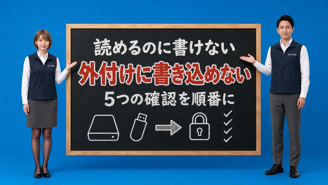 Macで外付けドライブに書き込めない時の確認手順を七海と大介が黒板で案内するアイキャッチ画像
