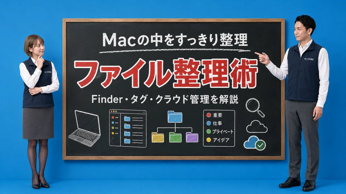 Macでのファイル整理術と効率的なデータ管理方法を案内する井上七海と坂本大介のアイキャッチ画像