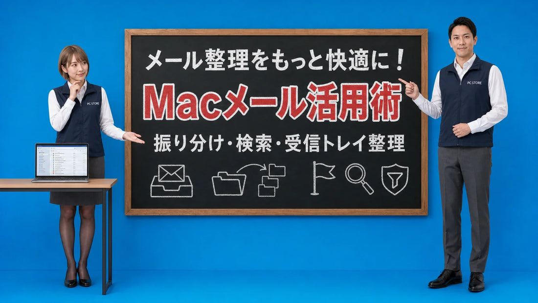 Macのメールアプリで受信トレイ整理や振り分け方法を案内する七海と大介