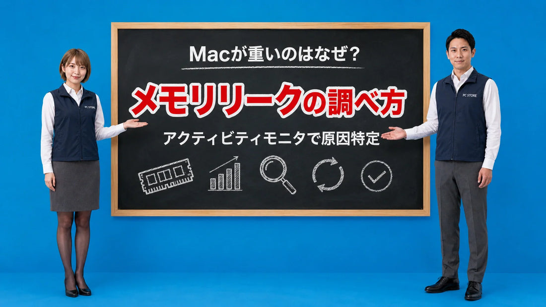 Macが重いメモリリークの調べ方とアクティビティモニタでの原因特定を七海と大介が案内している様子