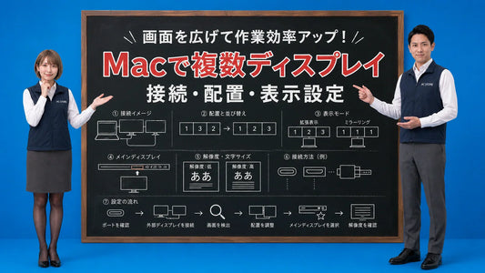 Macで複数ディスプレイを設定して作業スペースを広げる方法を案内する七海と大介