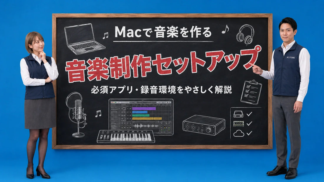 Macで音楽制作を始めるための必須アプリとセットアップを案内する井上七海と坂本大介のアイキャッチ画像