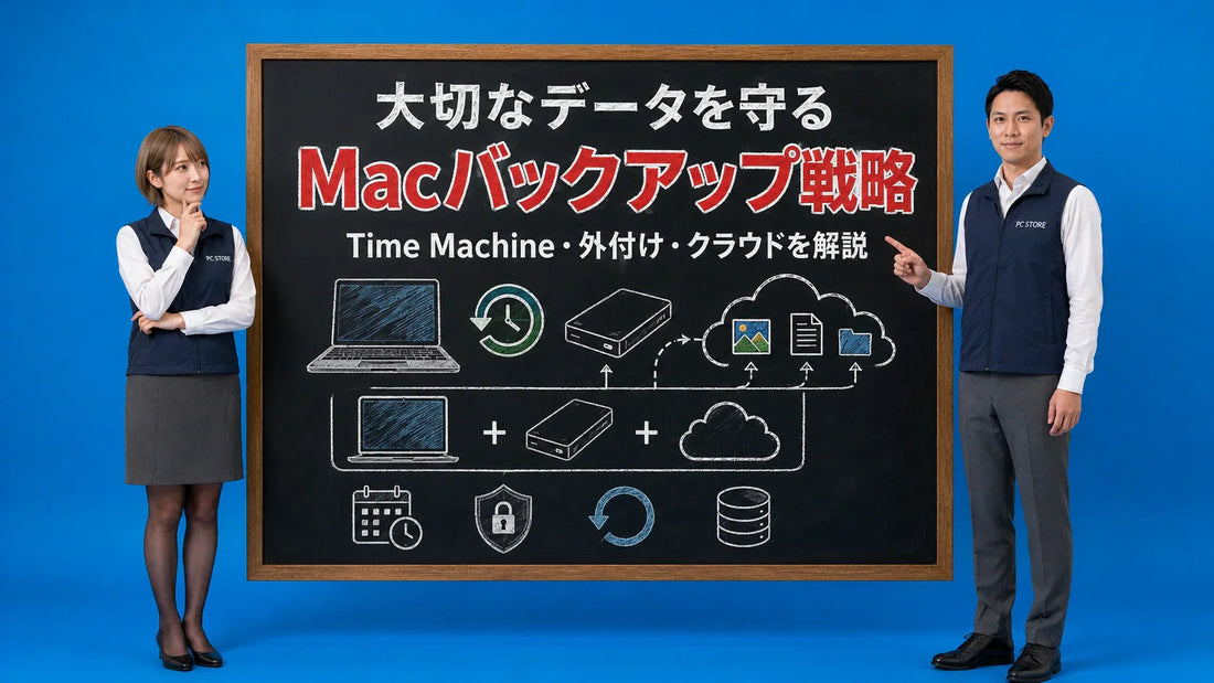 Macのバックアップ戦略についてTime Machineや外付けストレージ、クラウドの使い分けを案内している七海と大介
