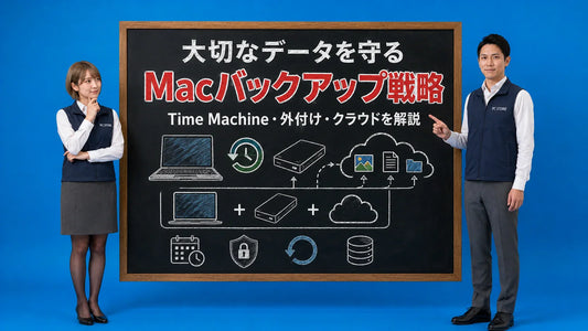 Macのバックアップ戦略についてTime Machineや外付けストレージ、クラウドの使い分けを案内している七海と大介