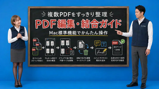 MacでPDFの結合や並べ替え方法を案内する七海と大介