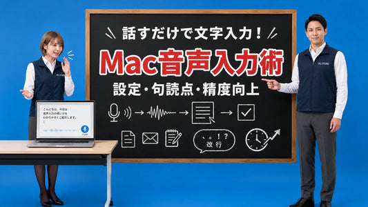 Macの音声入力を使って文章作成を効率化する方法を七海と大介が案内しているPC STOREブログ記事用アイキャッチ画像