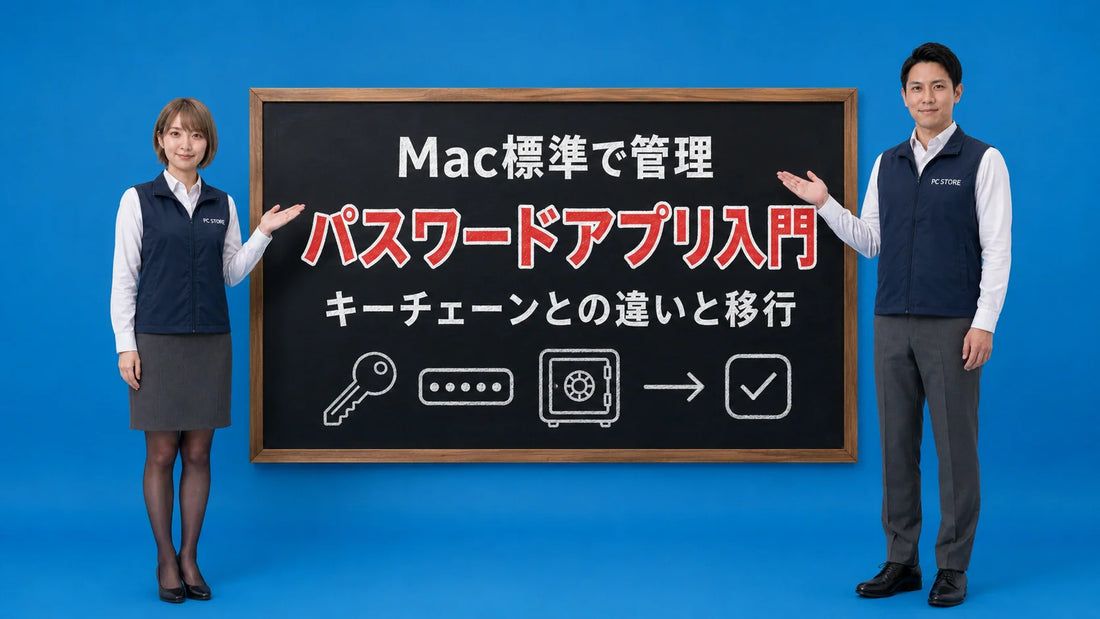 Macのパスワードアプリとキーチェーンの違いと選び方を七海と大介が案内している様子