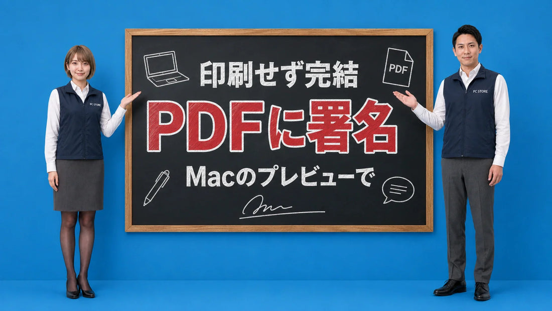 Macのプレビューでpdfに署名や注釈を入れる方法を七海と大介が案内している様子