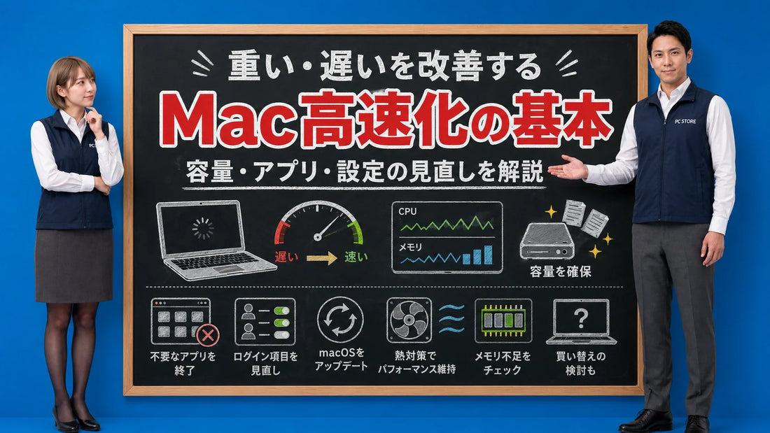 Macのパフォーマンスを向上させて動作速度を改善する方法を案内する井上七海と坂本大介のアイキャッチ画像