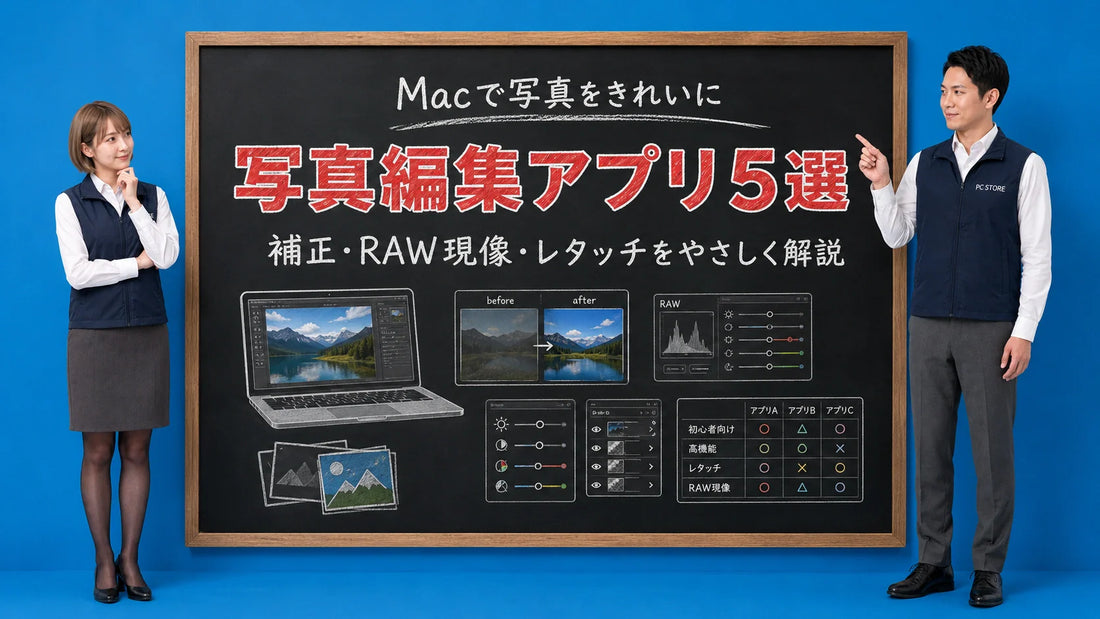 Macで使える写真編集アプリ5選を案内する井上七海と坂本大介のアイキャッチ画像