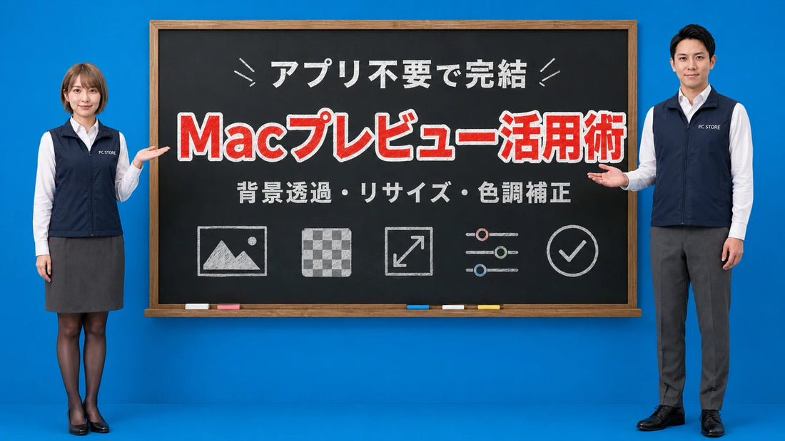 Macのプレビューでの背景透過やリサイズや色調補正の方法を七海と大介が案内している様子