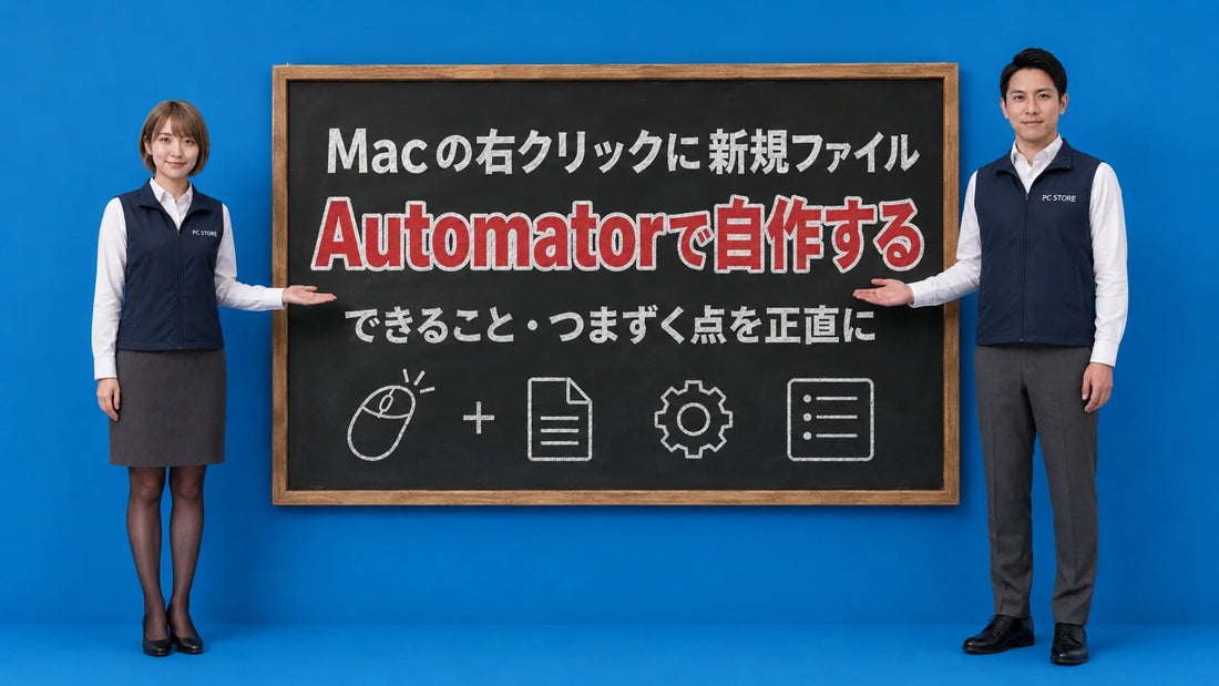 Macの右クリックに新規ファイル作成を追加するAutomatorの手順を七海と大介が案内している様子