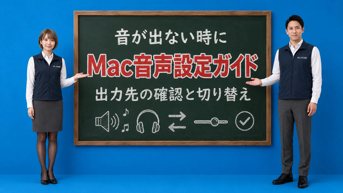 Macの音が出ない時の確認と出力先の切り替え方を七海と大介が案内している様子
