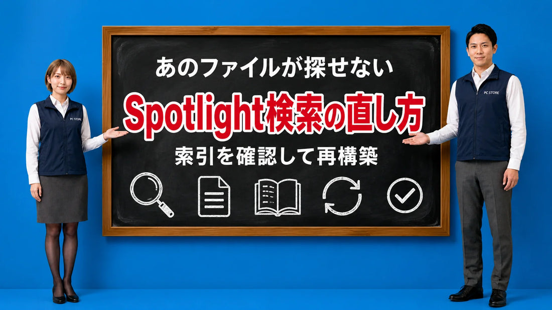 MacのSpotlight検索でファイルが見つからない時に設定確認と索引の再構築をする方法を七海と大介が案内している様子