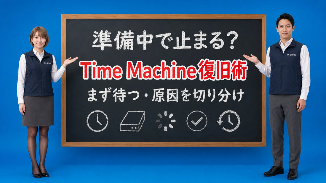 MacのTime Machineが準備中で止まる時にまず待つべき理由と直し方を七海と大介が案内している様子