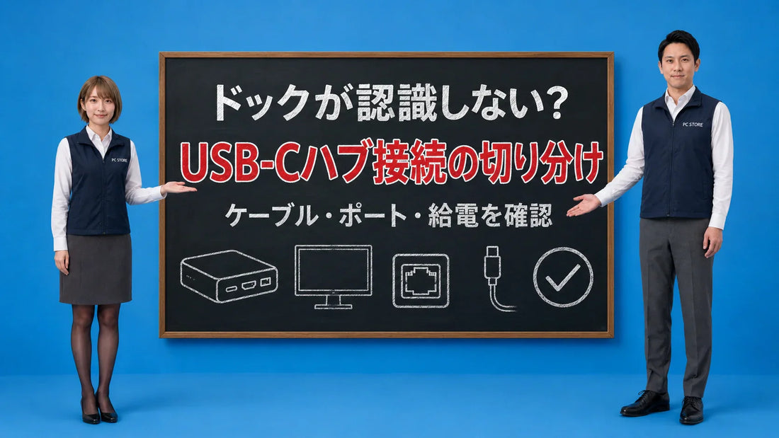 MacのUSB-Cハブやドックが認識しない時にケーブルやポート給電を切り分ける方法を七海と大介が案内している様子