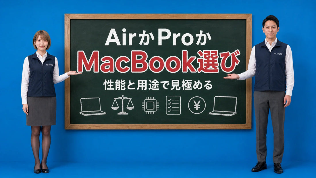 MacBook AirとProの選び方を七海と大介が比較して案内している様子