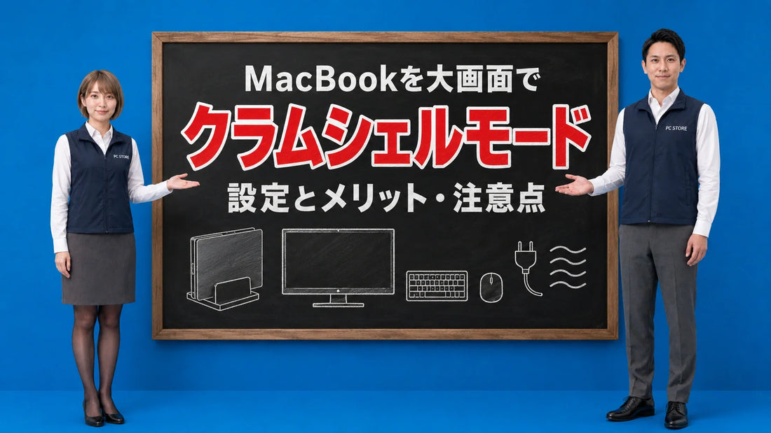 MacBookのクラムシェルモードの設定とメリットを七海と大介が案内している様子