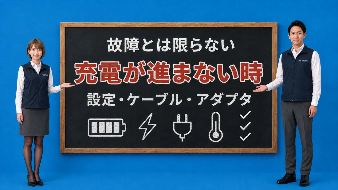 MacBookの充電が進まない時の確認手順を七海と大介が黒板で案内するアイキャッチ画像