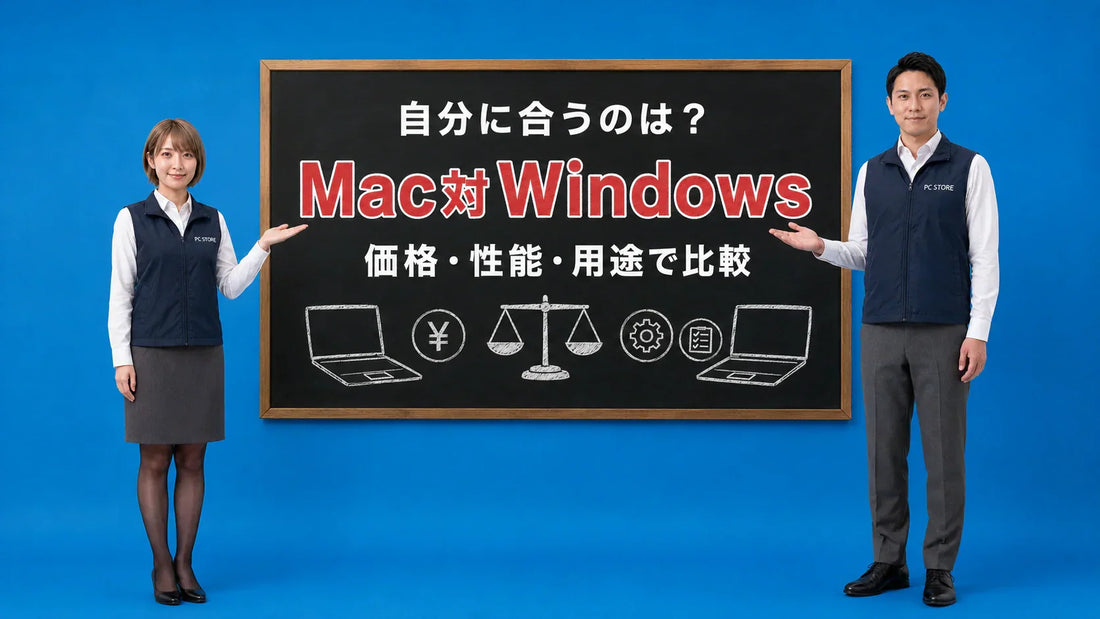 MacBookとWindowsノートPCのどっちを選ぶべきか七海と大介が比較して案内している様子