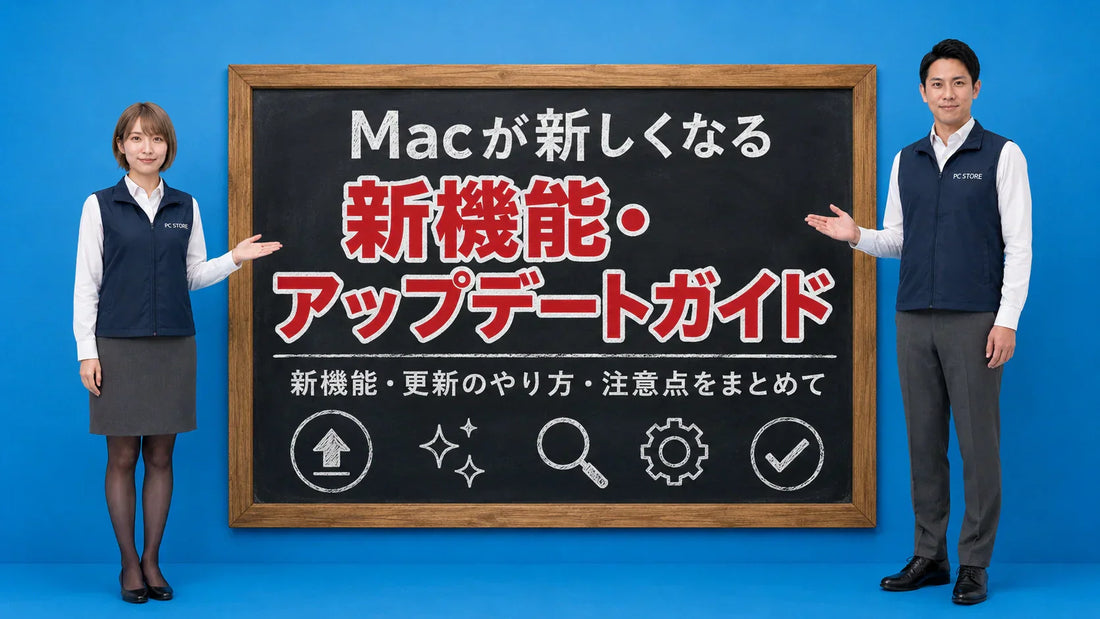 macOSの新機能とアップデートの総合ガイドの入口を七海と大介が案内している様子