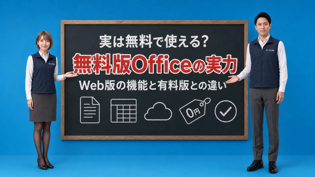 無料で使えるWeb版Officeの機能と制限や有料版との違いを七海と大介が黒板で案内するアイキャッチ画像