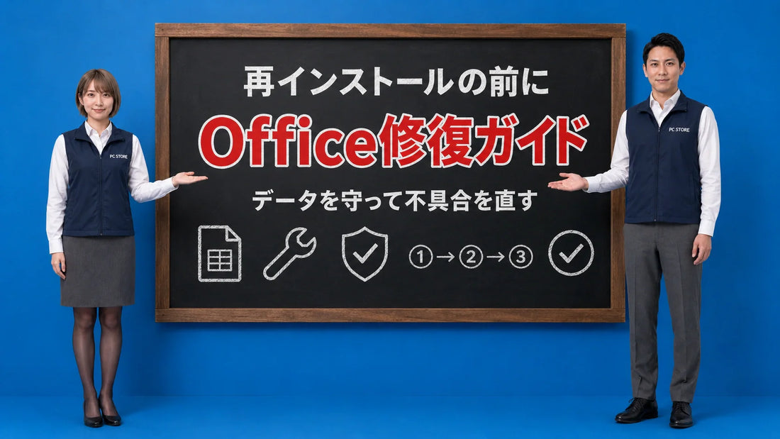 Officeの修復と再インストールでデータを守って不具合を直す方法を七海と大介が案内している様子