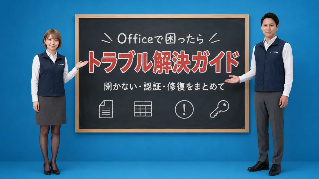 Officeの困った・トラブル解決の総合ガイドの入口を七海と大介が案内している様子