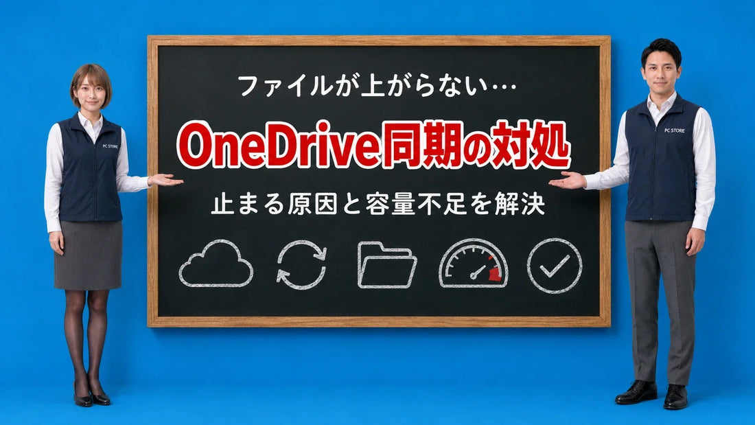 OneDriveが同期しない時と容量不足の対処法を七海と大介が黒板で案内するアイキャッチ画像