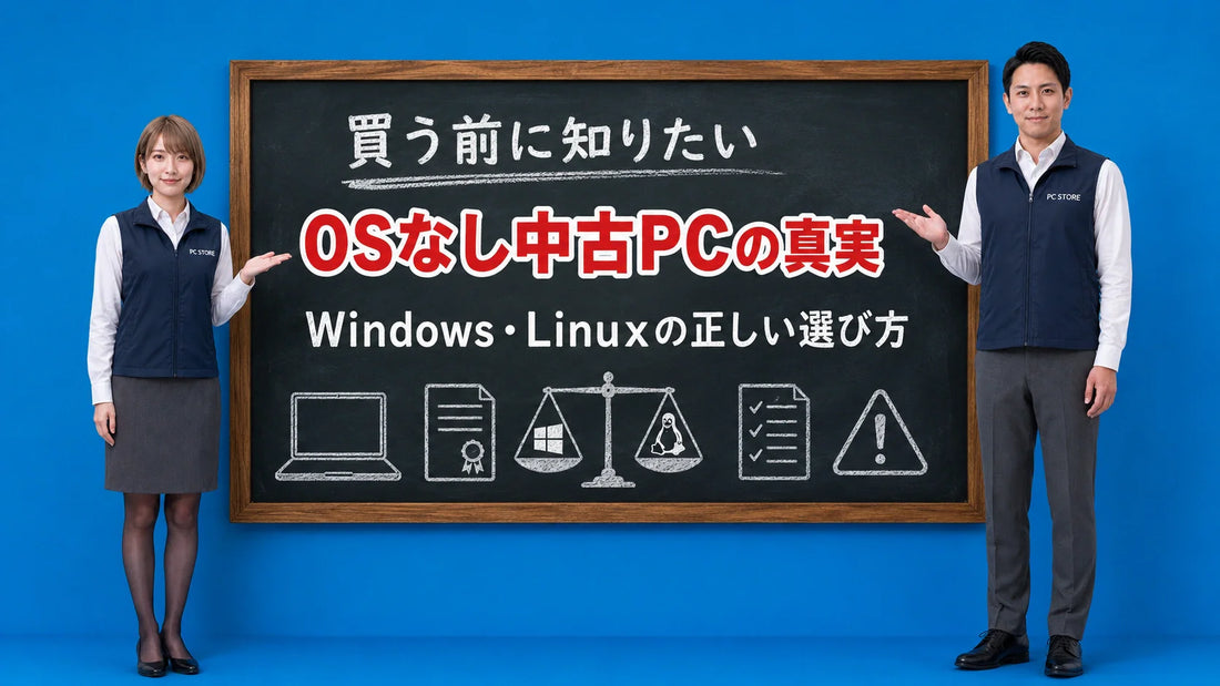 OSなし中古PCのWindowsとLinuxの正しい選び方を七海と大介が案内している様子