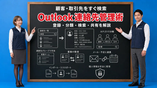 Outlookの連絡先管理について七海と大介がわかりやすく案内している様子