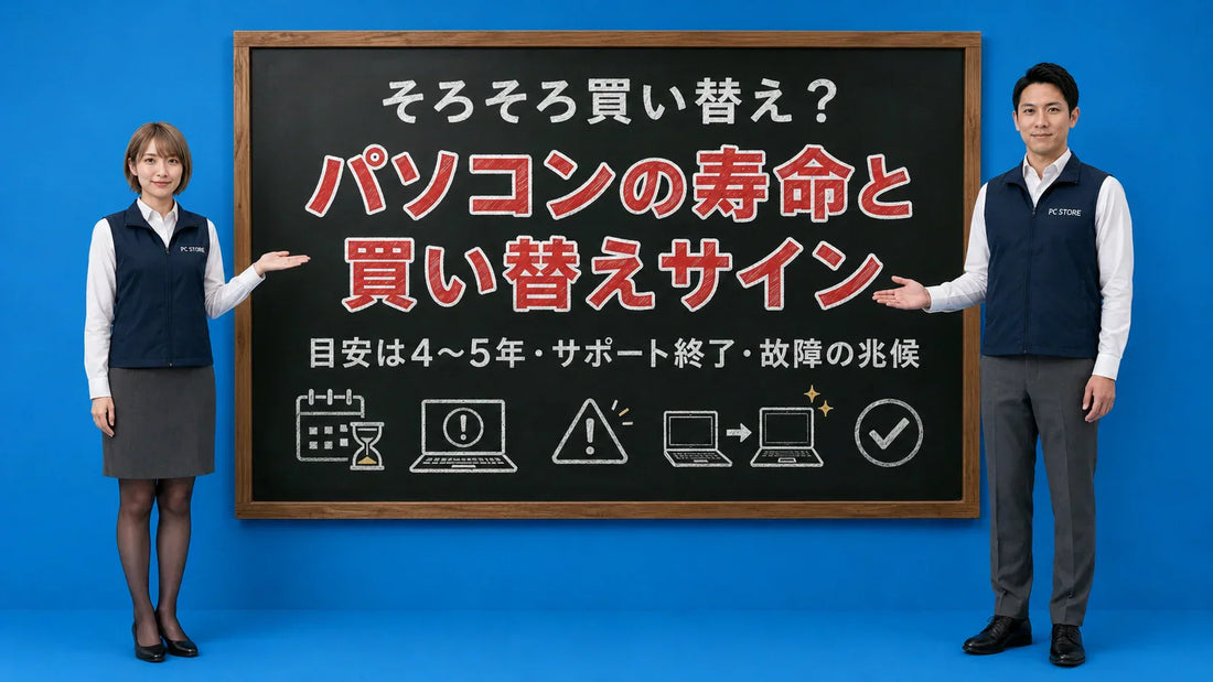 パソコンの寿命と買い替えのサインを七海と大介が案内している様子