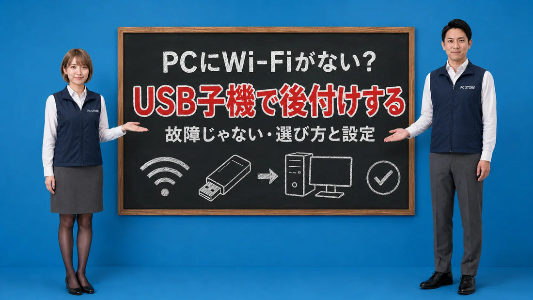 PCにWi-Fiがない時にUSB子機で無線化する選び方と設定を七海と大介が案内している様子