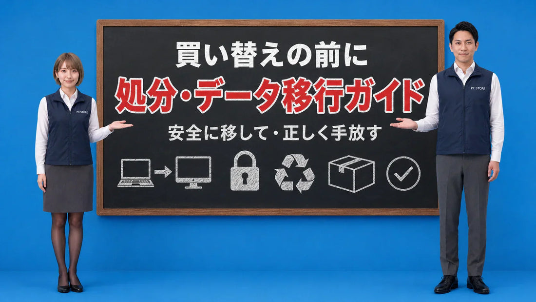 パソコンの買い替えと処分とデータ移行の順番を七海と大介が案内している様子