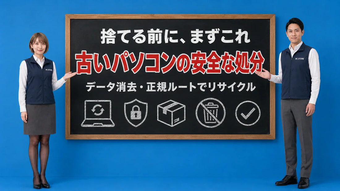 古いパソコンの安全な処分とデータ消去の方法を七海と大介が案内している様子