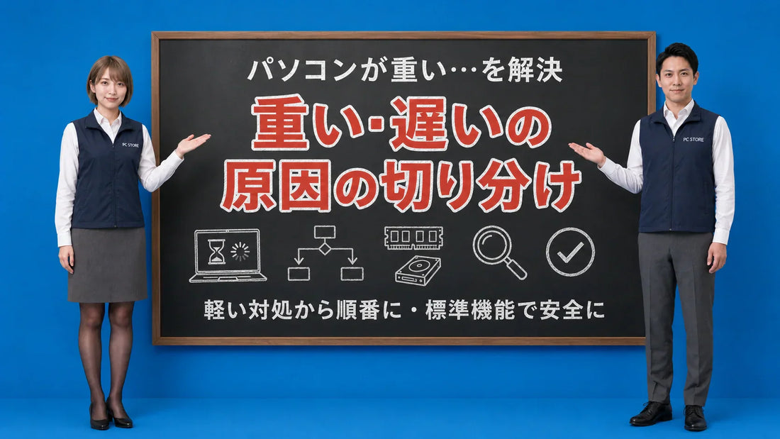 パソコンが重い遅い原因の切り分けを七海と大介が案内している様子