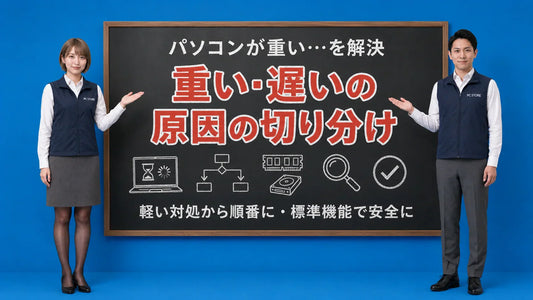 パソコンが重い遅い原因の切り分けを七海と大介が案内している様子