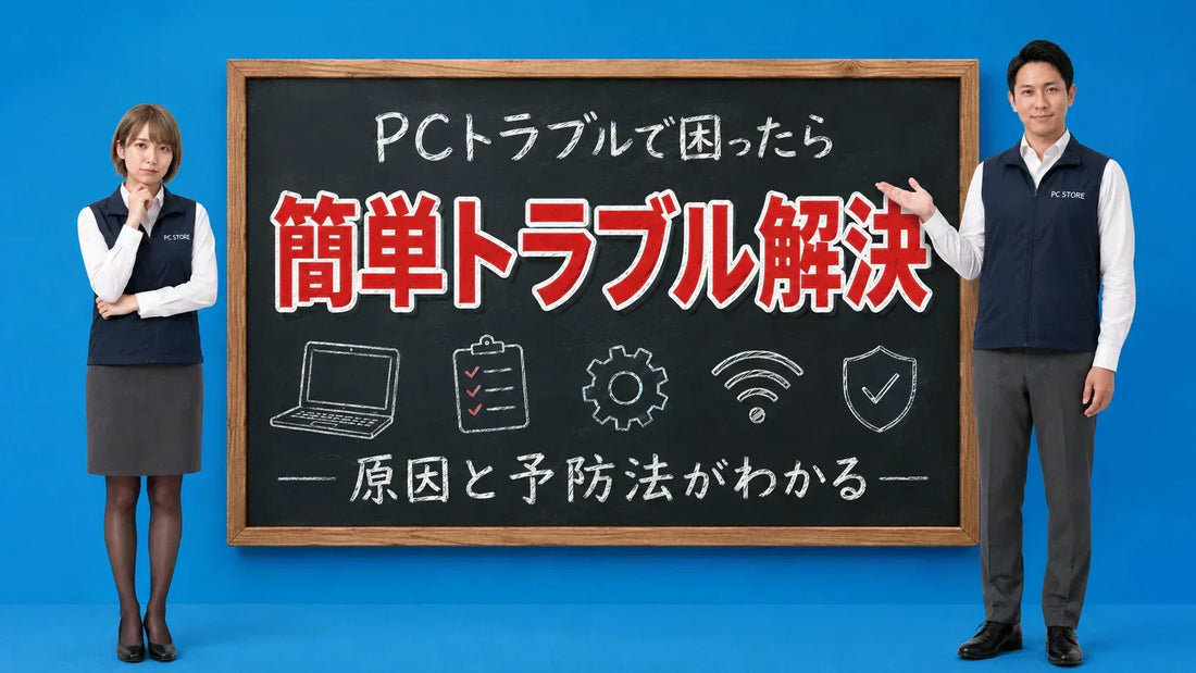 パソコンのトラブルシューティングと簡単な解決策や予防法を七海と大介が黒板で解説するPC STOREブログのアイキャッチ画像