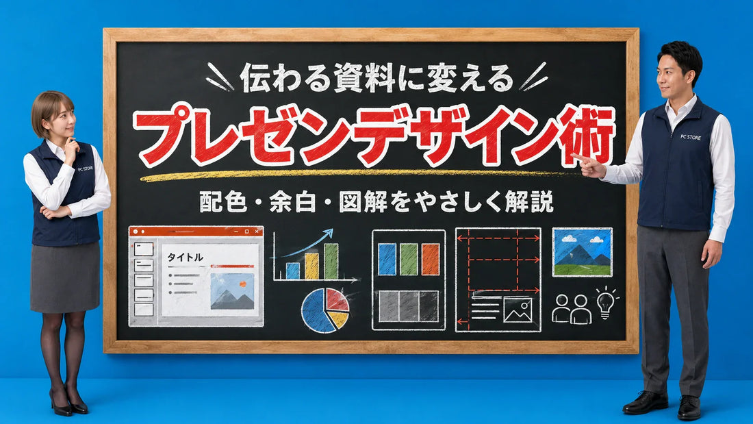 PowerPointのプレゼンデザイン改善ポイントを案内する井上七海と坂本大介のアイキャッチ画像