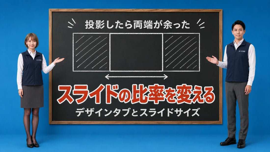 PowerPointのスライドサイズを変更する方法を七海と大介が黒板で案内するアイキャッチ画像