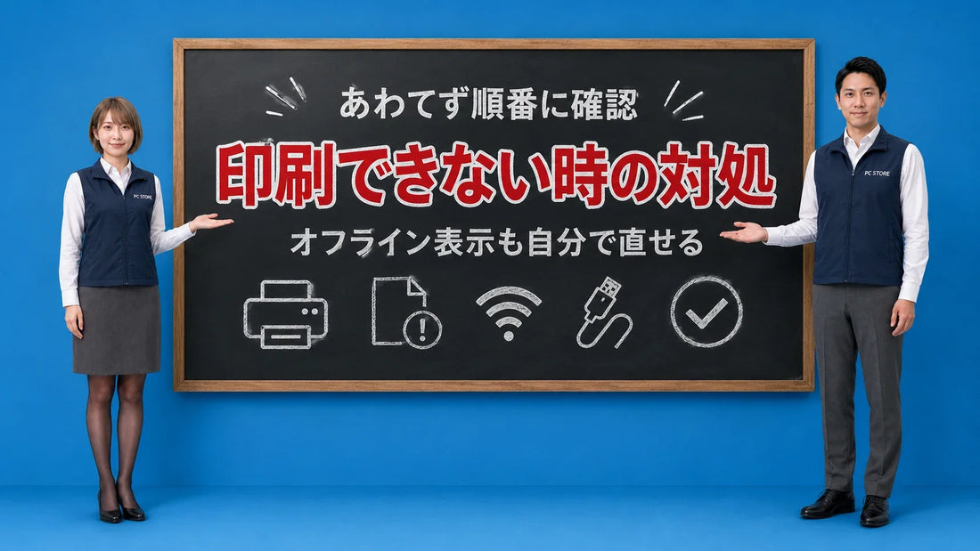 プリンターが印刷できない・オフラインになる時の対処法を七海と大介が黒板で案内するアイキャッチ画像
