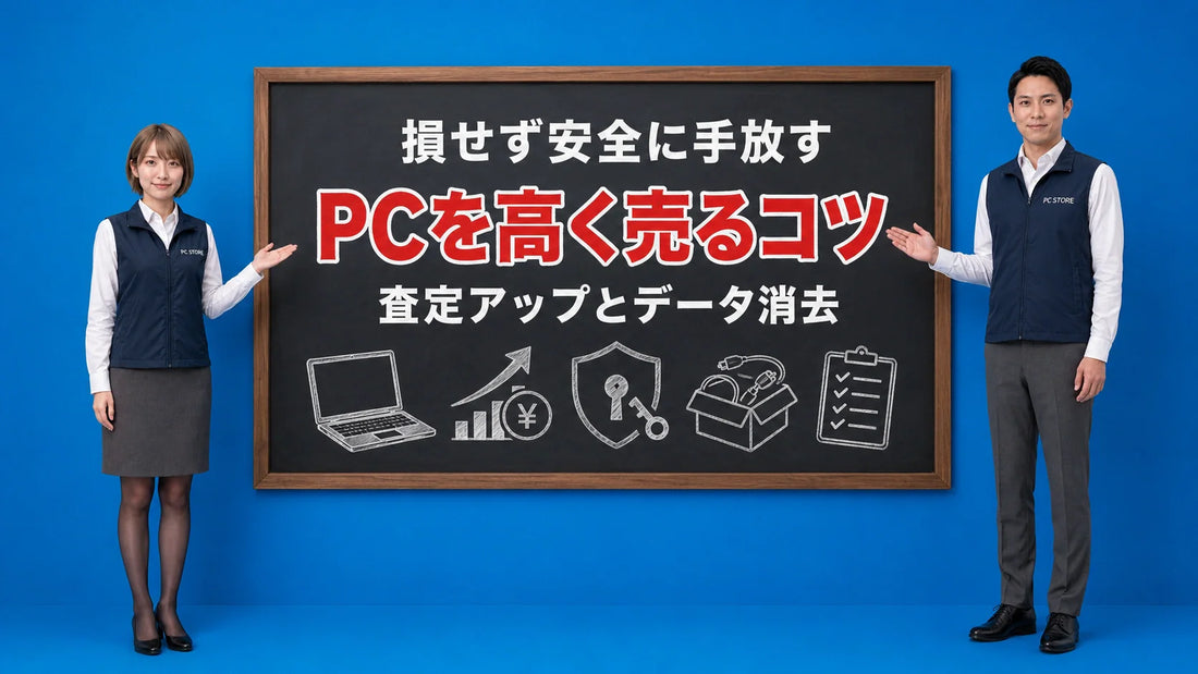 ノートパソコンを高く売るコツとデータ消去を七海と大介が案内している様子